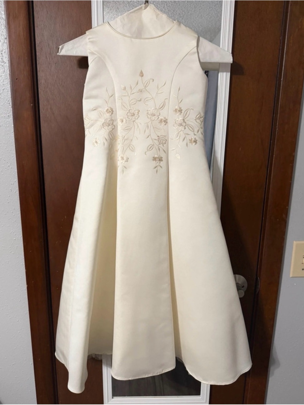 Girls' Ivory Floral Embroidered Satin A-Line Dress